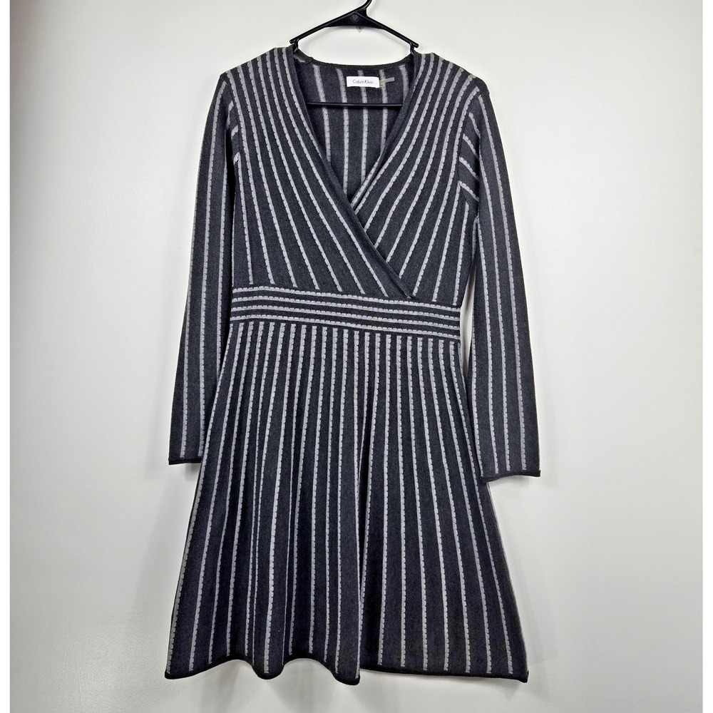 Calvin Klein Faux Wrap Long Sleeve Striped V Neck Sweater Dress Womens Medium